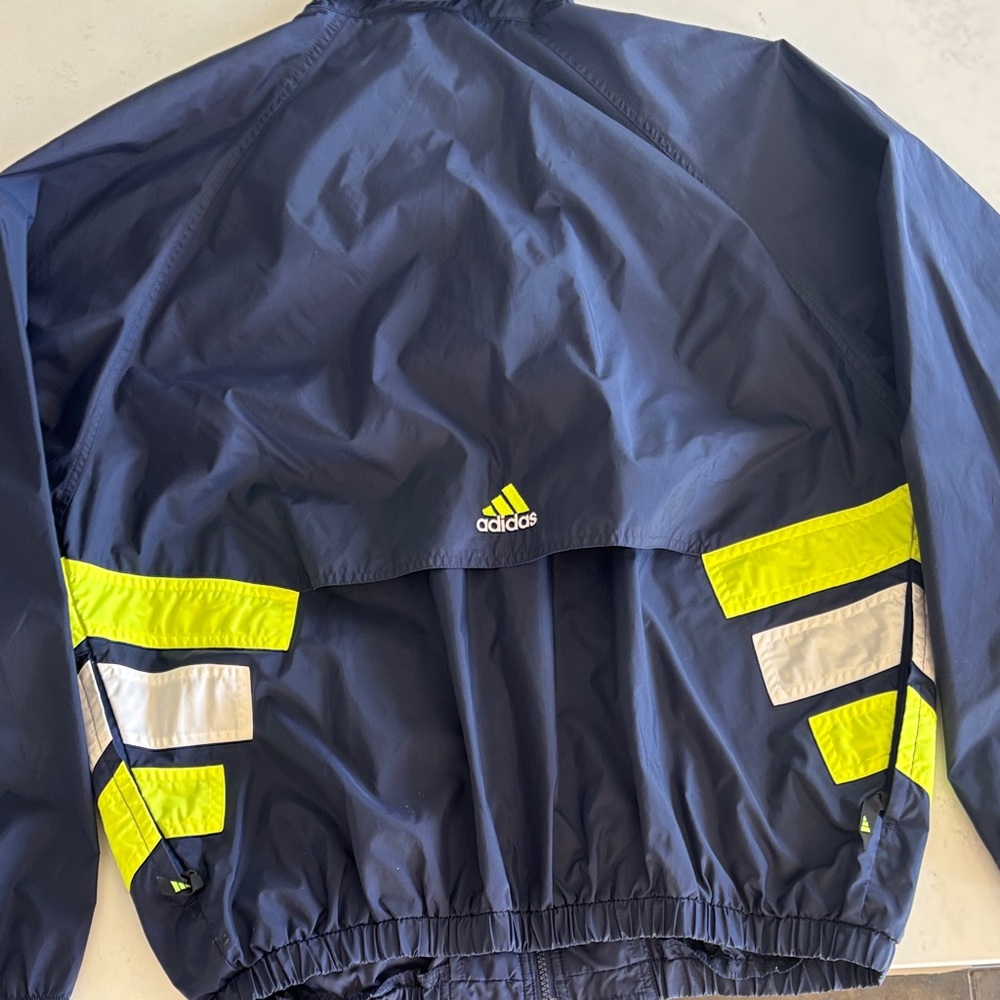 Vintage 90s Adidas Dark Blue and Neon Yellow Jacket men’s size L